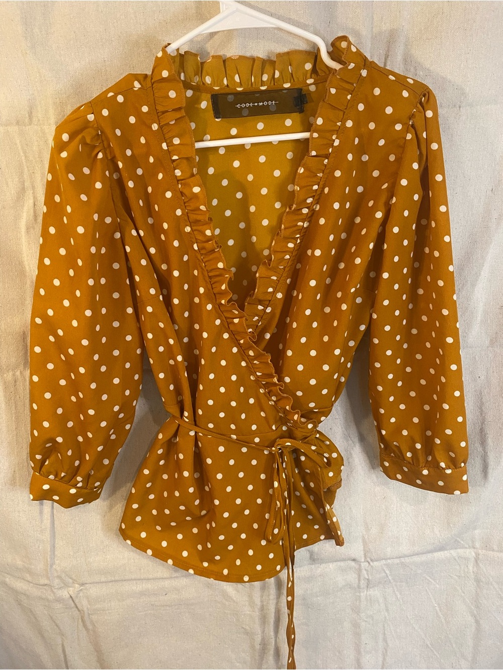 Polka Dot Ruffle Wrap Blouse in Mustard